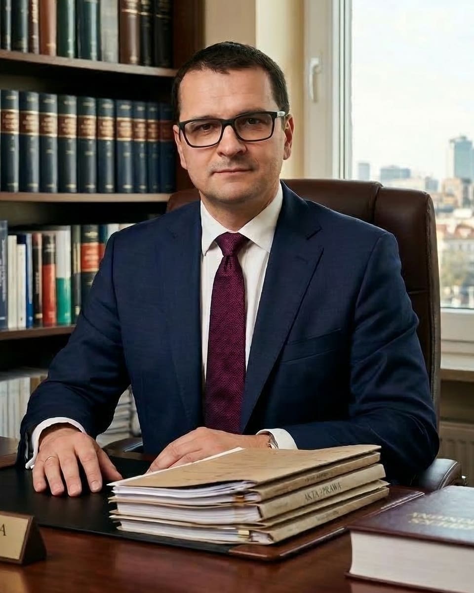 Paweł Pękała, radca prawny prowadzący kancelarię w Siedlcach, przy biurku w gabinecie